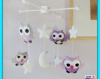Baby Mobile, Baby Crib Mobile, Purple Nursery Decor, Owl Mobile, Purple and Grey Nursery, Hand Sewn Mobile, Match Bedding Mobile