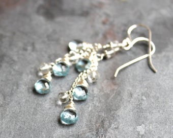 Blue Topaz Earrings Sterling Silver December Birthstone Earrings Waterfall Cascade