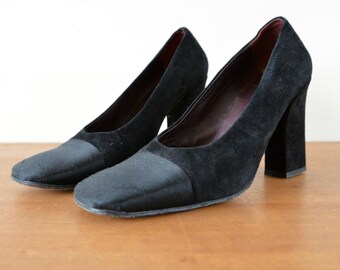 Vintage High Heels Shoes Leather 90s Square Toe Black Pumps Size 40 EU / 9 US