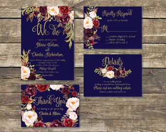 Printed Wedding Invitation - Fall Floral Watercolor Wedding - Navy / Gold / Burgundy / Marsala / Wine / Blush Rustic Wedding