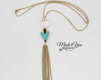 Gold Tassel Charm Necklace - Turquoise Gold Crystal Tassel Necklace