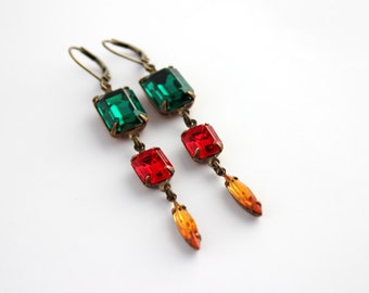 Christmas earrings, Long earrings, dangle earrings, emerald earring, red earrings, topaz earrings, Swarovski earrings, Christmas gift,