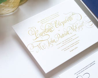 Gold Wedding Invitation Suite PRINTED SAMPLE -- Foil and Letterpress -- Calligraphy Simple Classic Modern Script -- pompdesigns