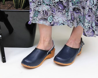 Navy Leather Clogs Size EU 38, UK 5, US 7.5