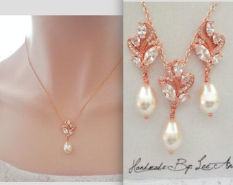 Rose gold pearl necklace ~ Brides necklace ~ AAA+ Cubic zirconias, Marquise pendant ~ Rose gold Swarovski pearl necklace, Elegant, LILLY