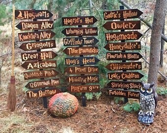Harry Potter Choose Your Own Sign or Set - Hogwarts Azkaban Hogsmeade Diagon Alley Hagrids Hut Forbidden Forest Directional Cedar Wood Decor