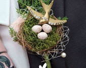 Vintage style rockabilly alternative quirky swallow birds nest buttonhole boutonnière wedding corsage shabby chic
