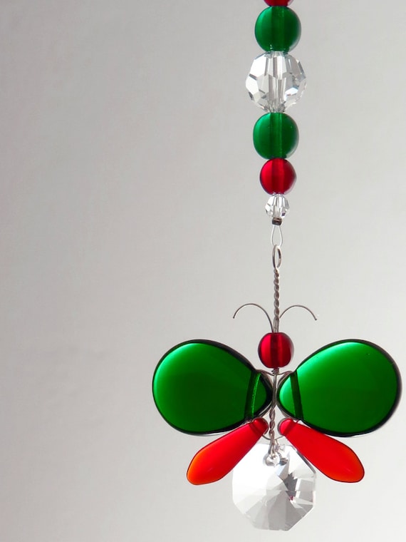 Red Christmas Ornament Rear View Mirror Charm Green Butterfly Hanging Swarovski Crystal Suncatcher Car Charm Butterfly Decor Window Kid Gift