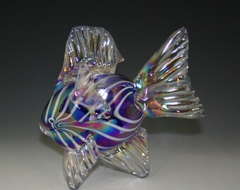 Hand Blown Glass Fish Sculpture - Iridescent Cobalt Blue & White Tropical Fish