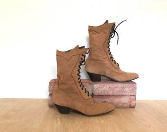 Vintage Lace Up Boots 7 Narrow Oak Tree Farms Suede Western Boots Cowgirl Boots Boots Grunge Boots Western Wedding Boots Tan Brown Womens