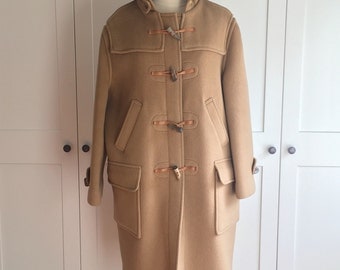 Lands' End Traditional Duffle Coat by Gloverall, Women's Large Tan 70s 80s Duffle Coat with Antler Toggles and Plaid Lining, Pure Wool Coat