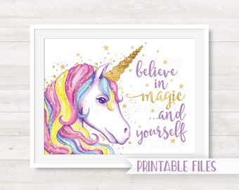 Unicorn Printable Art, Unicorn Art Print, Children's Room Decor, Girl Nursery Art Print, Unicorn Print, Unicorn Art, Unicorn Quote Art Magic