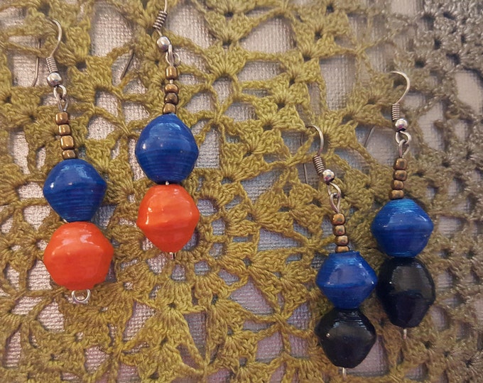 2 Pair 1 Inch Blue Black Orange Dangle Paper Bead Handmade Earrings Sale
