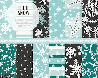 Let it Snow New Year digital paper. Jack Frost snowflakes on night black, sky blue, snow, pine needles to make Holiday Christmas decorations