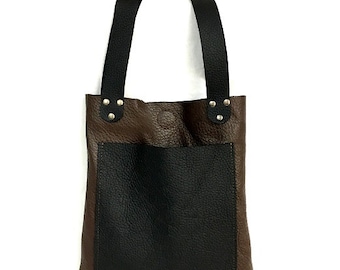 One of a kind Handcrafted Brown & Black Women Small Leather Tote Bag/Sack, Shoulder Bag, Evening Bag, For Daily Use, Lightweight, For Her.