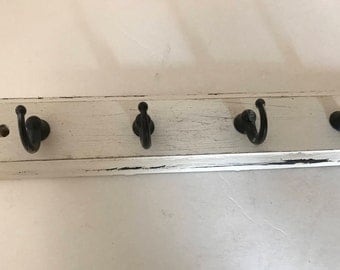Vintage Rustic Wooden (4) Cup Metal Key Hook Wall White washed 9"