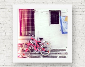 Greece print, bike wall art, bicycle print, pink wall decor, fine art photography, travel prints, square print, home decor wall art