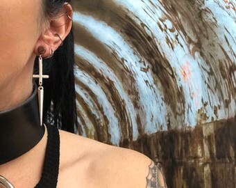 Inverted Cross Earrings, Spike Faux Gauge, Upside-down Cross Charm Earrings