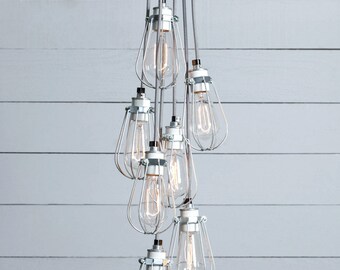 Wire Cage Industrial Chandelier - 7 Lights Cluster
