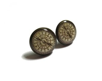 EARRINGS - Antique Compass earrings - traveler gift - compass earrings - vintage compass stud earrings - jewelry for her