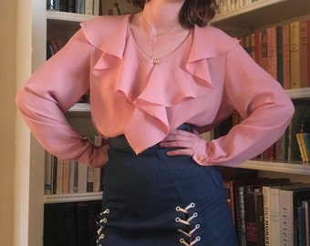 70s Poly Rose Blush Secretary Blouse