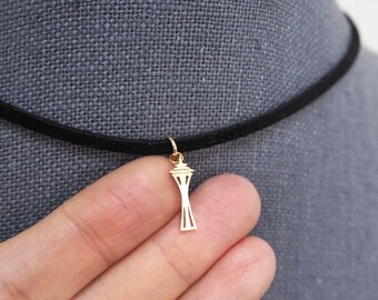 Black Choker,Space Needle necklace, Space Needle charm, Seattle,Simple Choker,choker necklace, landmark jewelry, tiny necklace