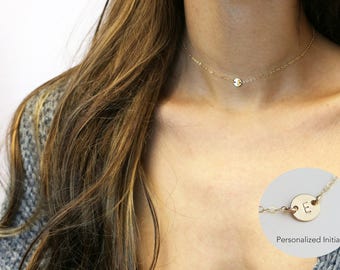 Initial choker necklace - Personalized coin disc necklace in Gold filled or Sterling silver // Gifts for her under 25 //EC11