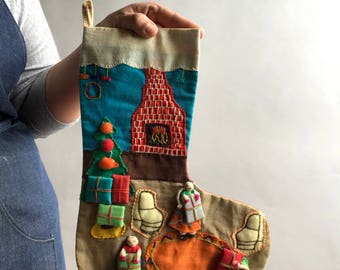 Vintage Handmade Christmas Stocking / Quilted Folk Art Christmas Stocking with figures