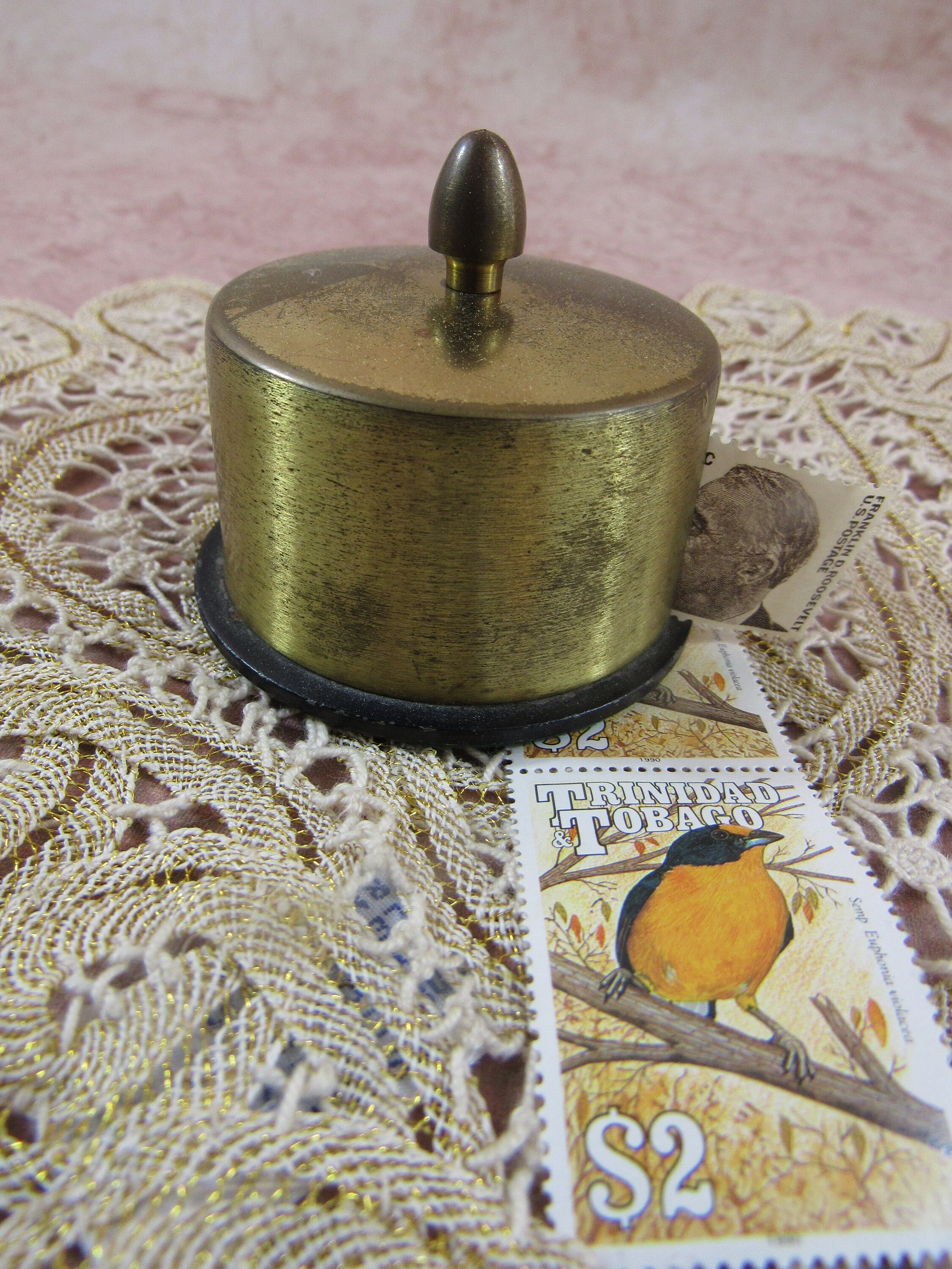 Vintage Metal Brass Postage Stamp Roll Holder Postage Gold