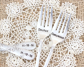 Doctor Who Wedding Forks - Companion - Hand Stamped Cake Fork Set - Custom - Vintage Silver Flatware - Dr. Who - His Hers - Mr. Mrs.