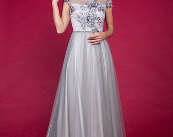 Grey Floor Length Floral Embroidery Bodice Evening Gown, Cap Sleeve Floor Length Tulle Grey Prom Dress with Rhinestone Embellishment C11A
