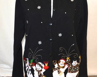 Medium, vintage, Sexy, Ugly Christmas Sweater, Vintage with partying snowmen, grandma sweater, ugly sweater party, runs big