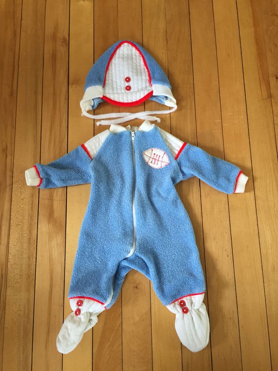 Vintage 1980s Baby Infant Boys Blue Terry Cloth Football Sleeper Hat Set! Size Newborn