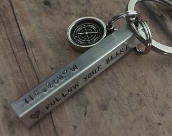Coordinates Keychain, Compass Keychain, Long Distance relationship, Going Away Gift, Graduation Gift, Traveler Keychain, Gifts for Him