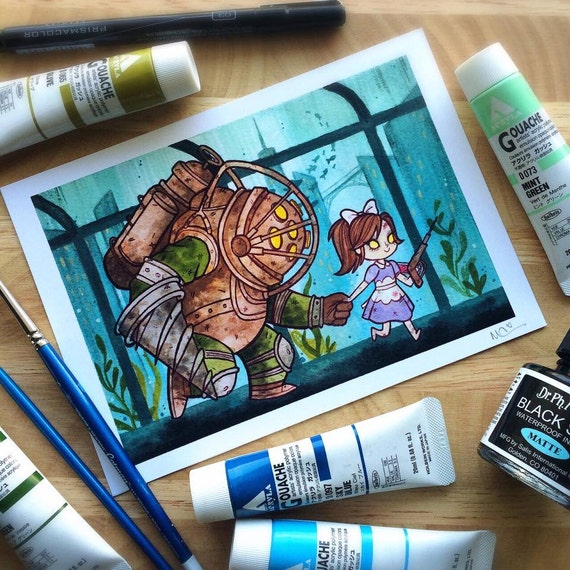 Bioshock Big Daddy and Little Sister Watercolor PRINT by Michelle Coffee by missmichellecoffee steampunk buy now online