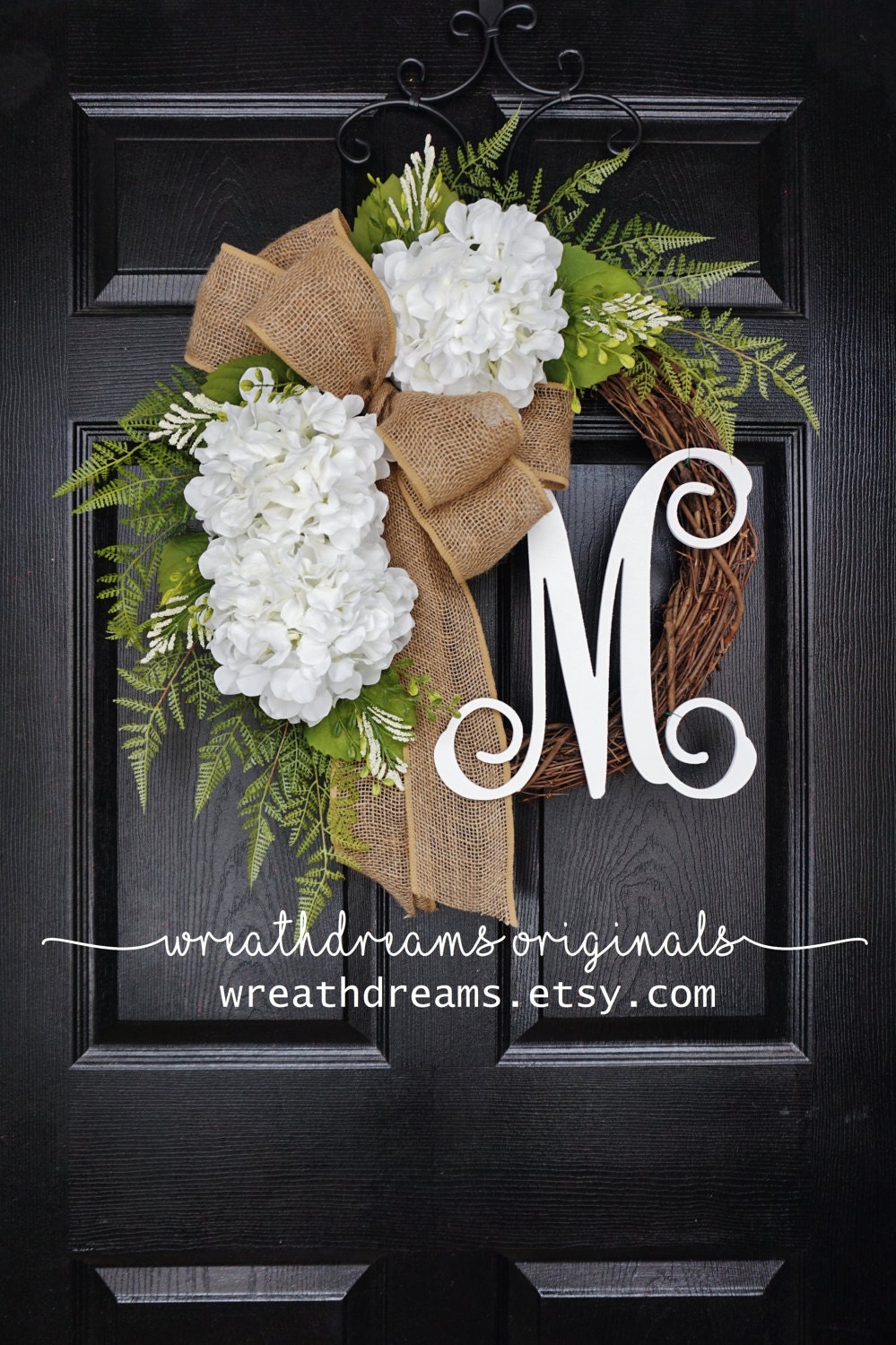 BEST SELLER! White Hydrangea Wreath. Burlap Wreath. Year Round Wreath. Spring Wreath. Summer Wreath. Monogram Wreath. Door Wreath