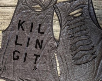 Best Seller!!! KILLING IT Burnout Muscle Tee with cut up back in Charcoal/Black, Workout Top, Muscle Tank, yoga tank