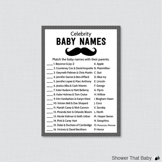 Mustache Baby Shower Celebrity Baby Names Game Printable