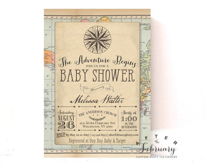 Adventure Baby Shower Invitation Around the World Baby Shower Invite Vintage Travel Baby Shower Invitation Printable OR Printed No.1269BABY