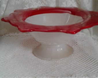 Art Deco Moderne Classic Cased Glass Pedestal Bowl, White, Red, Gold Indiana Glass 1928-34 Collectible Centerpiece, Console Bowl