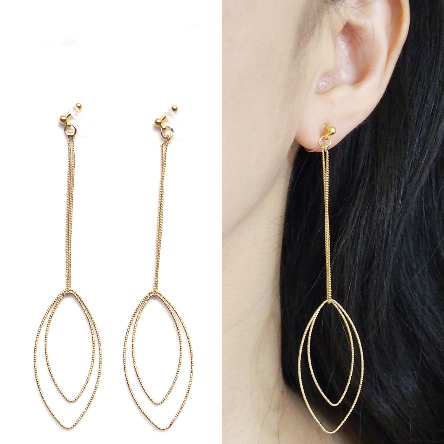 Modern Gold Clip On Earrings Dangle Hoop Clip On Earrings