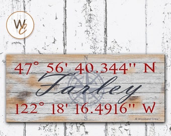 Latitude Longitude Sign, Personalized 6"x14" Rustic Sign, GPS Coordinates, Home Location, Housewarming Gift, Family Nautical Sign, STY3