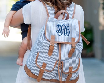 Baby Blue Seersucker Backpack, Diaper bag and Purse ( monogram available)