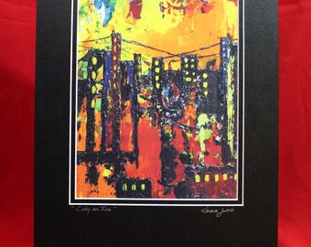 Abstract City scape, Urban Landscape Painting, Fire in the City, Matted City on fire, Orange, Red, Yellow Abstract City Print, Urban Art