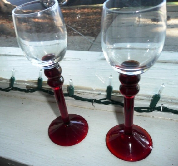 Red Double Ball Stem Tall Cordial Aperitif Liqueur Glasses Set