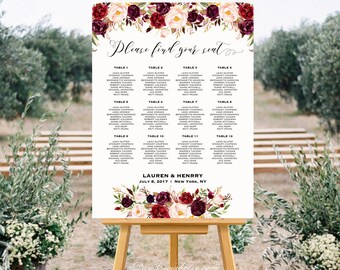 Burgundy Floral Wedding Seating Chart Template, Printable Seating Plan, up to 30 table, 24x36 18x24 Large Poster, PDF Instant Download #101