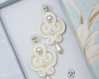 Wedding Earrings Bridal Earrings Pearl Earrings Cream Drop Earrings For Bride Champagne Soutache Earrings