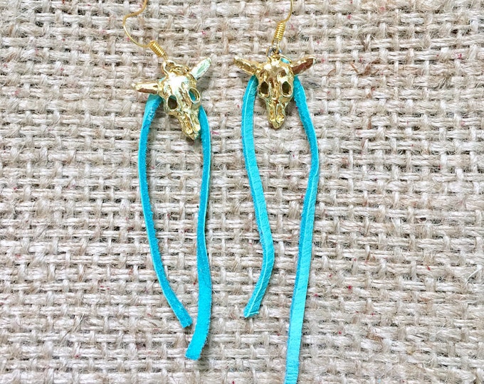 Cow Skull Earrings, Steer Earrings, Blue Steer Earrings, Turquoise Earrings, Suede Steer Earrings, Suede Skull Earrings, Cattle Earrings