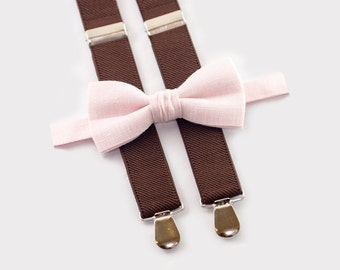 Boys Birthday Outfit, Pale Pink Bow Tie & Brown Suspenders, Boys Suspenders And Bow Tie