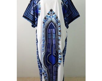 African Dashiki Dress, Multicolor Tribal Print Dress - White